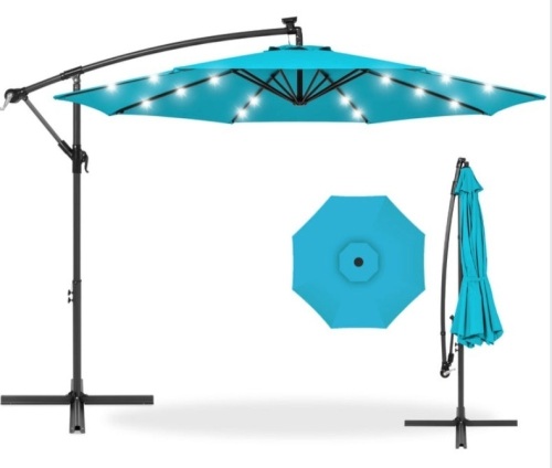 Solar LED Offset Hanging Patio Umbrella w/ Crank Tilt Adjustment - 10ft, Sky Blue, Appears New/Damaged Box - Lot 130