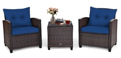 Patio Navy Rattan Furniture Set Cushioned Conversation Set Coffee Table, E-Commerce Return/Damaged Box - Lot 160