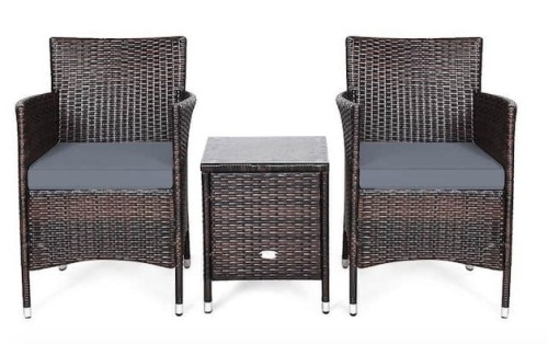 3-Piece Wicker Patio Conversation Seating Set with Gray Cushions, Brown, Appears New - Lot 191