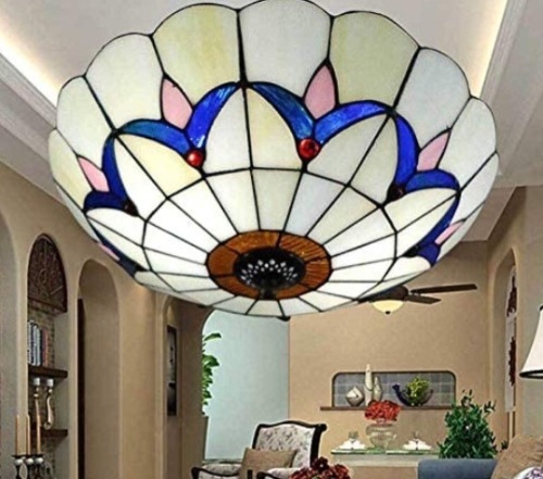 LITFAD Flush Mount Ceiling Light 12" Wide LED Ceiling Lamp with Tiffany Glass Tulip Shade, 2-Lights Pendant Light, White, E-Commerce Return/Appears New - Lot 576