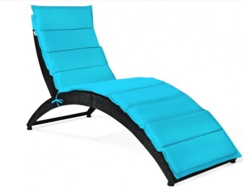 Folding Patio Rattan Portable Lounge Chair Chaise With Cushion, Turquoise, Appears New - Lot 549