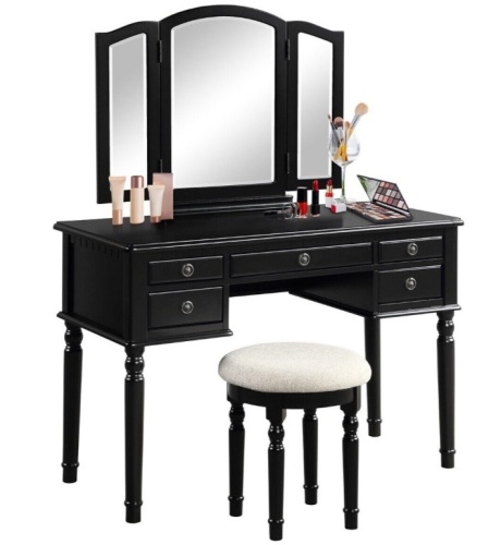 Tri-Fold Mirror Wood Vanity Dressing Table Set 5 Drawer, Black, E-Commerce Return/Damaged Box - Lot 314
