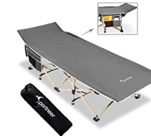 Sportneer Portable Foldable Cot 2 Side Large Pockets with Carry Bag, Gray, Inspected, Appears New - Lot 175