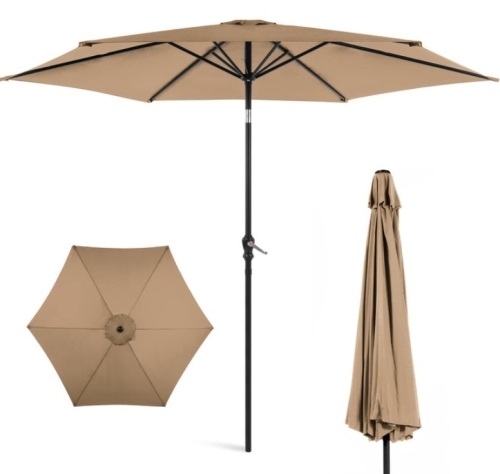 Outdoor Steel Market Patio Umbrella Decoration w/ Tilt, Crank Lift - 10ft, Tan, Inspected, E-Commerce Return/Appears New - Lot 320