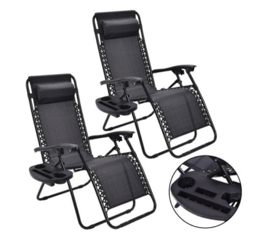 2PC Zero Gravity Lounge Chairs Patio Folding Recliner Outdoor W/ Cup Holder, Inspected, Appears New/Damaged Box - Lot 248