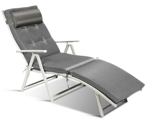 Adjustable Height Chaise Fabric Outdoor Lounge Chair with Gray Cushions, Inspected, Appears New - Lot 232