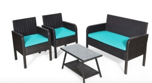 4 Piece Patio Rattan Wicker Furniture Set Conversation Sofa Bench Cushion,Turquoise, E-Commerce Return/Damaged Box - Lot 234