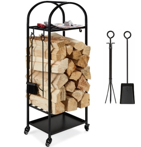 3-Tier Wrought Iron Firewood Log Rack w/ 4-Piece Tool Set, Wheels - 4ft, May Be Missing Hardware, Appears New - Lot 266