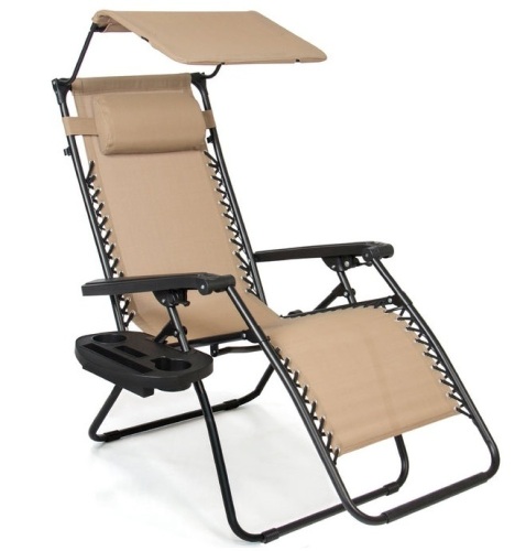 Folding Zero Gravity Recliner Patio Lounge Chair w/ Canopy, Side Tray, Beige, Appears New - Lot 210