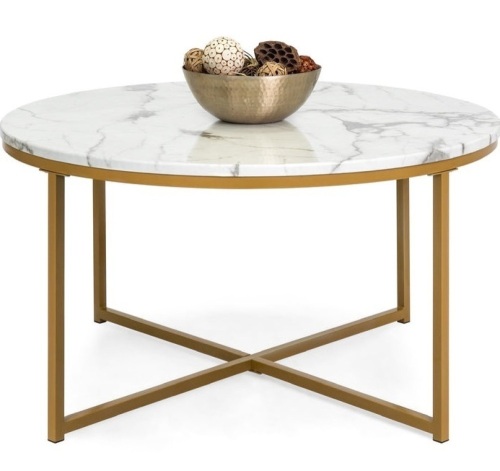 Round Coffee Table w/ Faux Marble Top, Metal Frame - 36in, Gold, E-Commerce Return - Lot 214