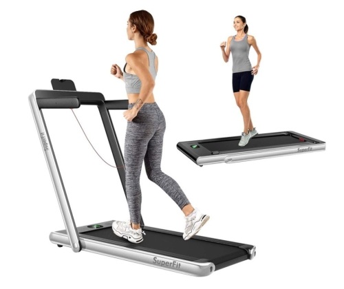 2 in 1 Folding Treadmill with Bluetooth Speaker Remote Control-Silver, Powers On, E-Commerce Return/Damaged Box - Lot 276