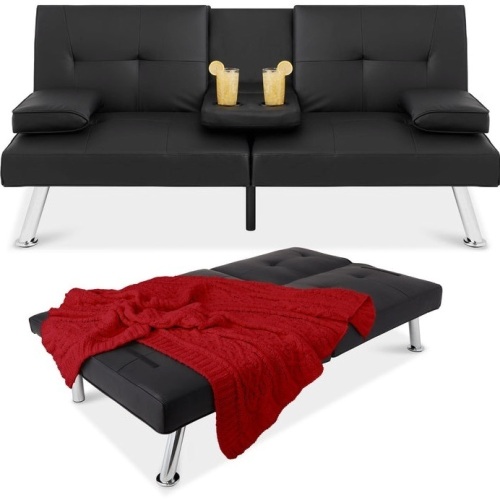 Faux Leather Upholstered Convertible Sofa Bed Futon w/ 2 Cupholders, Black, Appears New - Lot 50