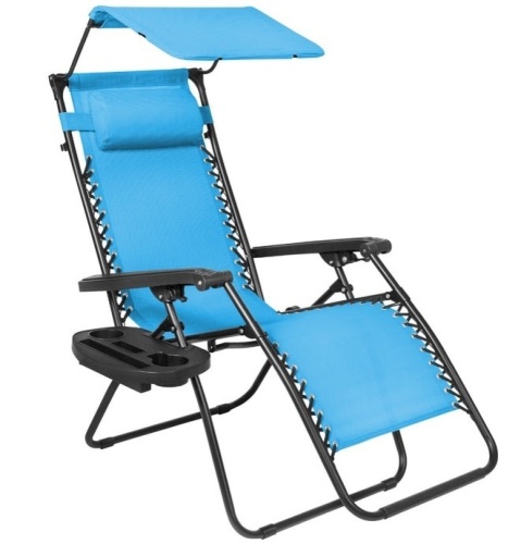 Folding Zero Gravity Recliner Patio Lounge Chair w/ Canopy, Side Tray, Light Blue, Appears New - Lot 247