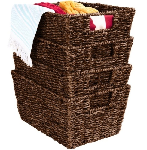 Set of 4 Seagrass Storage Tote Baskets, Laundry Organizer w/ Insert Handles, Brown, Appears New - Lot 287
