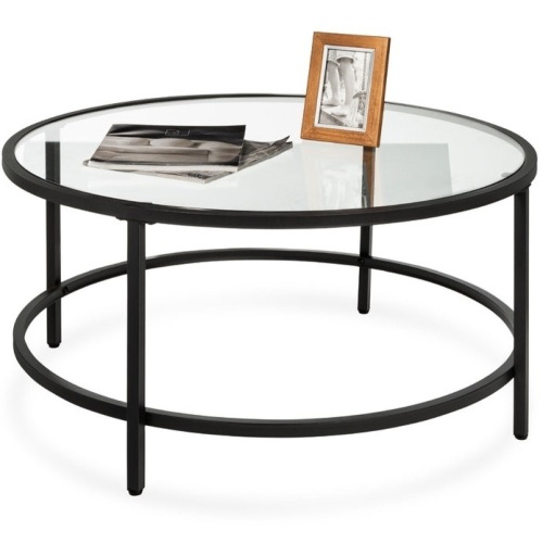 Round Tempered Glass Coffee Table w/ Steel Frame - 36in, Black, Appears New - Lot 292