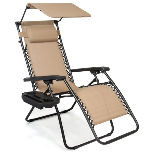 Folding Zero Gravity Recliner Patio Lounge Chair w/ Canopy, Side Tray, Beige, Appears New - Lot 538