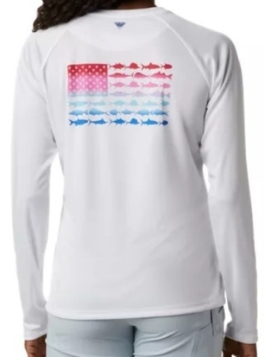 Columbia Tidal Tee PFG Fish Flag Long-Sleeve Shirt for Ladies - White/Red Lily Gradient - S, E-Commerce Return, Has some stains - Lot 356