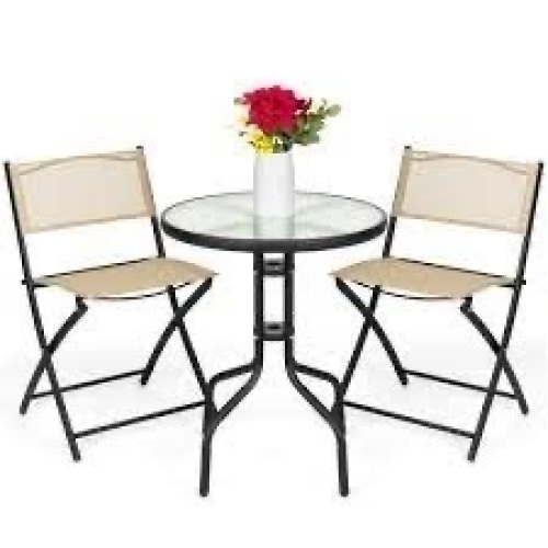 3-Piece Bistro Set w/ Glass Table, 2 Foldable Chairs - Lot 4375