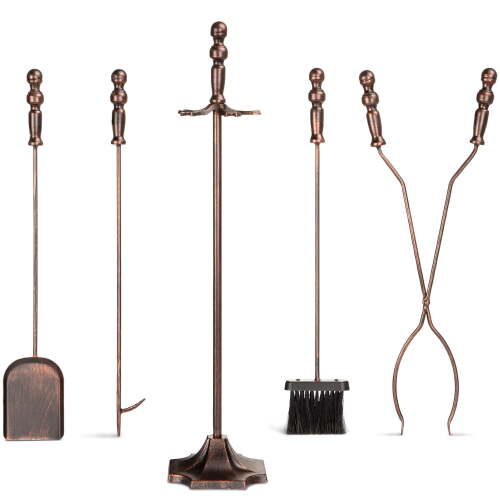 5-Piece Fireplace and Firepit Iron Tool Set w/ Tongs, Poker, Broom, Shovel, Stand - Antique Bronze - Lot 4466