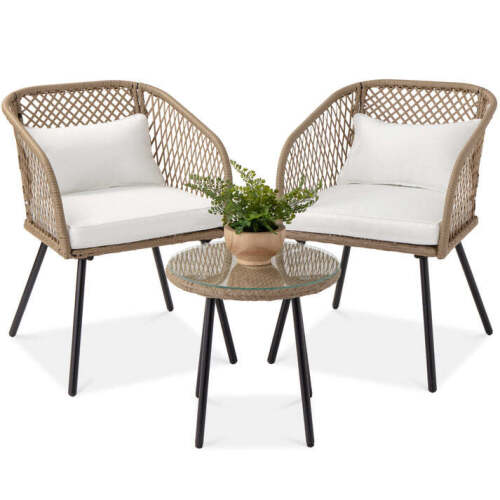 3-Piece Outdoor Diamond Weave Wicker Bistro Set w/ Tempered Glass Side Table - Lot 4505
