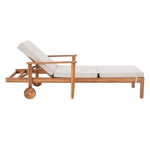 Wood Outdoor Patio Chaise Lounge with Wheels and Beige Cushions - Lot 125