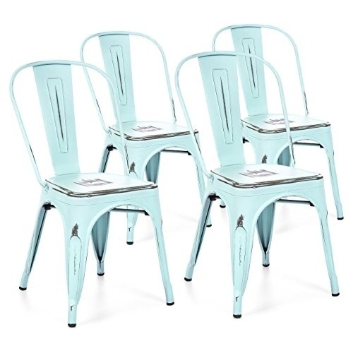 Set of 4 Stacking Metal Distressed Industrial Style Dining Chairs (Blue) - Lot 149