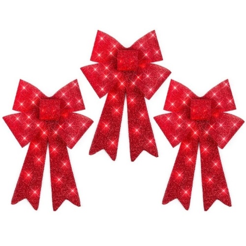 Set of 3 Pre-Lit Christmas Bow Decoration, LED Holiday Decor w/ 8 Functions - Lot 192