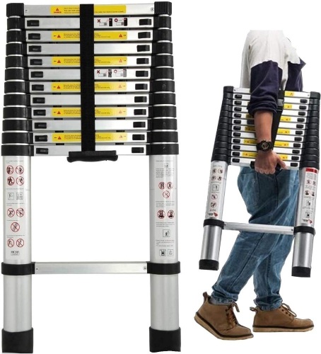 12.5Ft/3.8M Folding Ladder - Aluminum Telescopic Extension Soft Close Climb Folding Step Ladder Extends - Climb Up to Loft or Attic w/Multi-Functional Work Ladders - 150kg Load - Lot 343