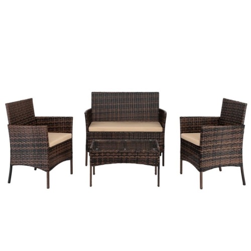 4-Piece Brown Patio Rattan Conversation Furniture Set with Beige Cushions - Lot 454