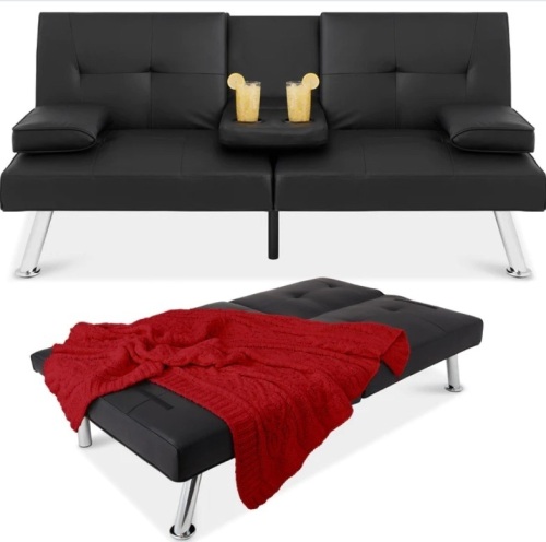 Faux Leather Upholstered Convertible Sofa Bed Futon w/ 2 Cupholders, Like New, Retail - $239.99 - Lot 28
