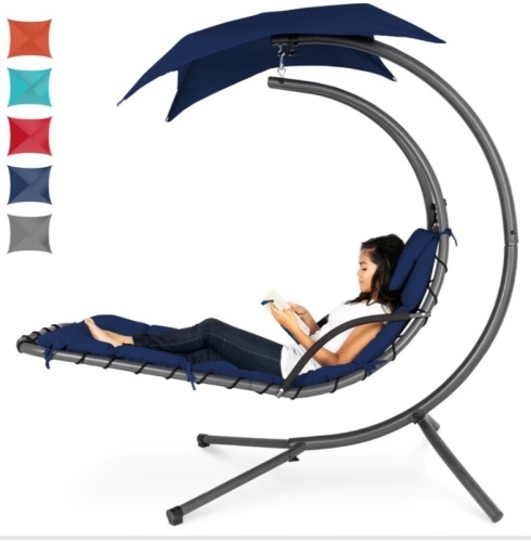 Hanging Curved Chaise Lounge Chair w/ Built- In Pillow, RemovableCanopy, Like New, Retail - $199.99 - Lot 74