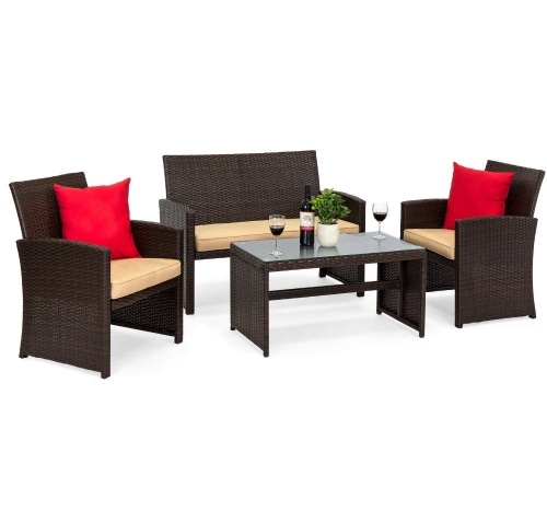 Best Choice Products 4-Piece Wicker Patio ConversationFurniture Set w/ 4 Seats, Tempered Glass Table Top - Brown/Beige, Like New, Retail - $224.99 - Lot 95