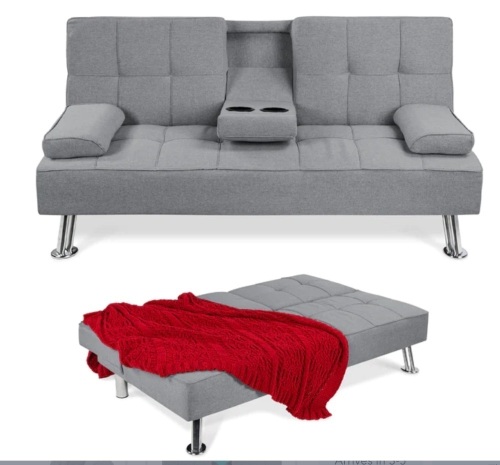 Linen Upholstered Convertible Sofa Bed Futon w/ 2 Cupholders, Like New, Retail - $299.99 - Lot 104