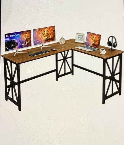 GreenForest Corner Desk 63.8 x 50 inch L Shaped DeskReversible Gaming Desk for Home Office Industrial HeavyDuty Workstation, Walnut, Like New, Retail -$139.99 - Lot 169