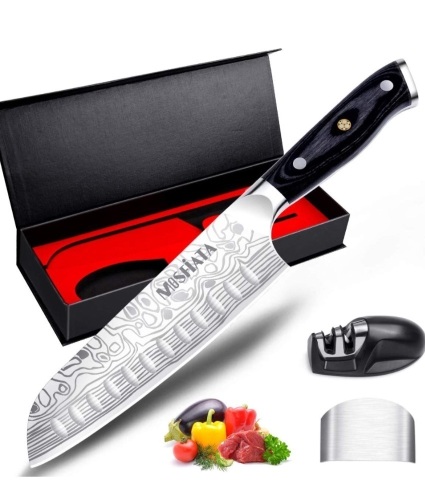 MOSFiATA 7" Santoku Knife Chef Cutting Knife for Cooking with Finger Guardand Knife Sharpener, German High Carbon Stainless Steel EN.4116 Kitchen Chopping Knife with Micarta Handle, Like New, Retail - $27.99 - Lot 193
