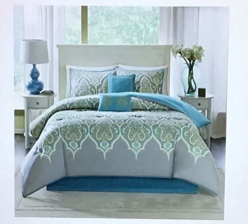 Comfort Spaces Cozy Comforter Set-Modern Classic DesignAll Season Down Alternative Bedding, Matching Shams,Bedskirt, Decorative Pillows, Queen, Mona Paisley Grey/Teal 6Piece, Like New, Retail - $69.99 - Lot 213