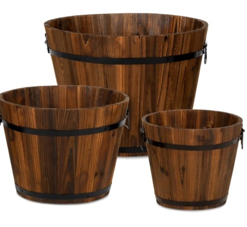 Set of 3 Rustic Wood Bucket Barrel Garden Planters Set w/ Drainage Holes, Like New, Retail - $79.99 - Lot 256