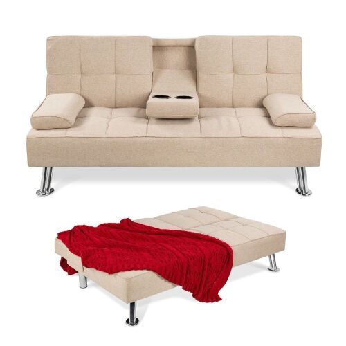 Linen Upholstered Convertible Sofa Bed Futon w/ 2 Cupholders - Lot 104