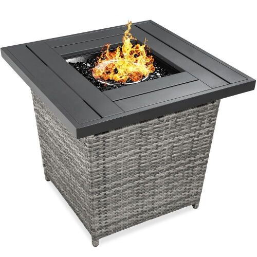28in Fire Pit Table 50,000 BTU Wicker Propane w/ Faux Wood Tabletop, Cover - Lot 264
