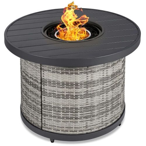 Round Fire Pit Table, 50,000 BTU Outdoor Wicker Firepit w/ Cover - 32in - Lot 364