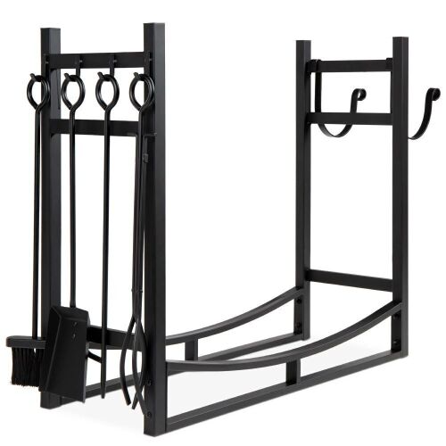 Steel Firewood Log Storage Rack & Tool Set w/ Kindling Holder - 34.25in - Lot 884