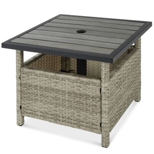 Outdoor Wicker Patio Side Table Accent Furniture w/ Umbrella Hole - Lot 1081