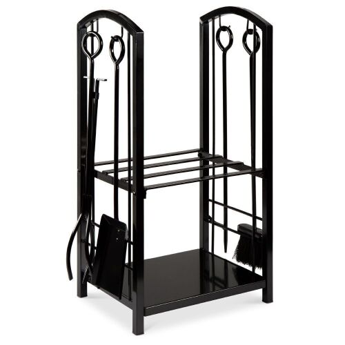 5-Piece Firewood Log Rack Holder Tools Set w/ Hook, Broom, Shovel, Tongs - Lot 961