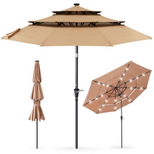 3-Tier Solar Patio Umbrella w/ LED Lights, Tilt Adjustment, Crank - 10ft  - Lot 915