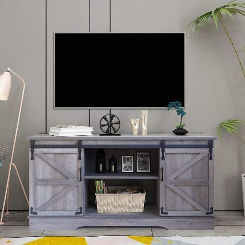 Sliding Barn Door Farmhouse Entertainment Center - Gray - Lot 510