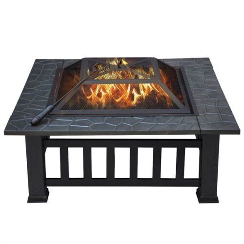 32'' Square Metal Fire Pit with Cover and Poker, Black - Lot 486
