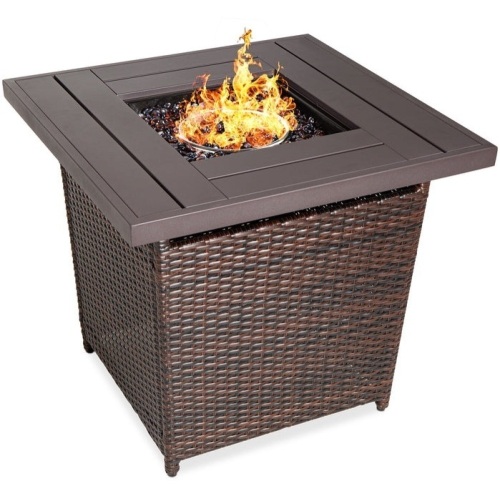 28in Fire Pit Table 50,000 BTU Wicker Propane w/ Faux Wood Tabletop, Cover, Appears New/Damaged Box - Lot 131