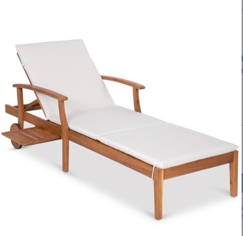 Adjustable Acacia Wood Chaise Lounge Chair w/ Side Table, Wheels - 79x26in, Cream, Appears New - Lot 172