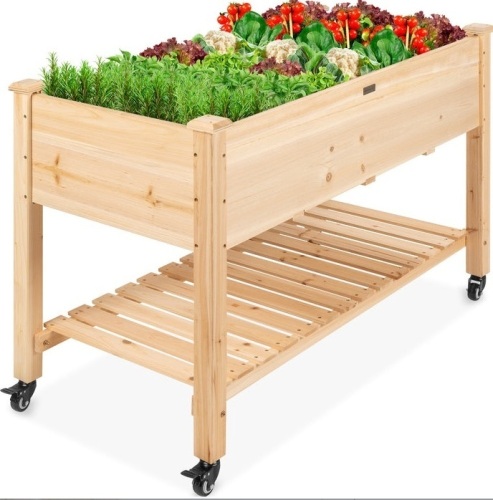 Mobile Raised Garden Bed Elevated Wood Planter w/ Wheels, Storage Shelf, May Be Missing Hardware, Appears New/Damaged Box - Lot 177