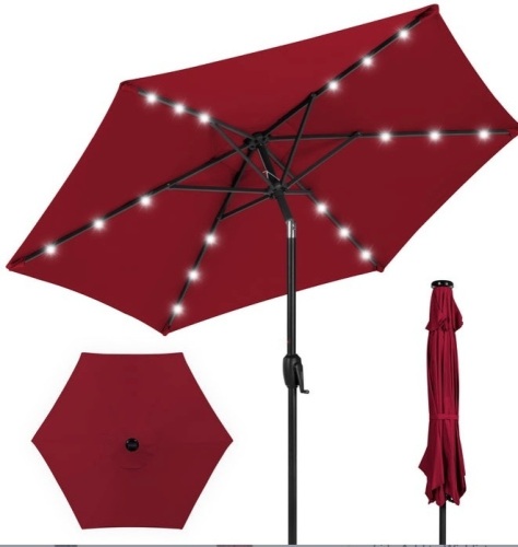 Outdoor Solar Patio Umbrella w/ Push Button Tilt, Crank Lift - 7.5ft, Burgundy, Appears New - Lot 206